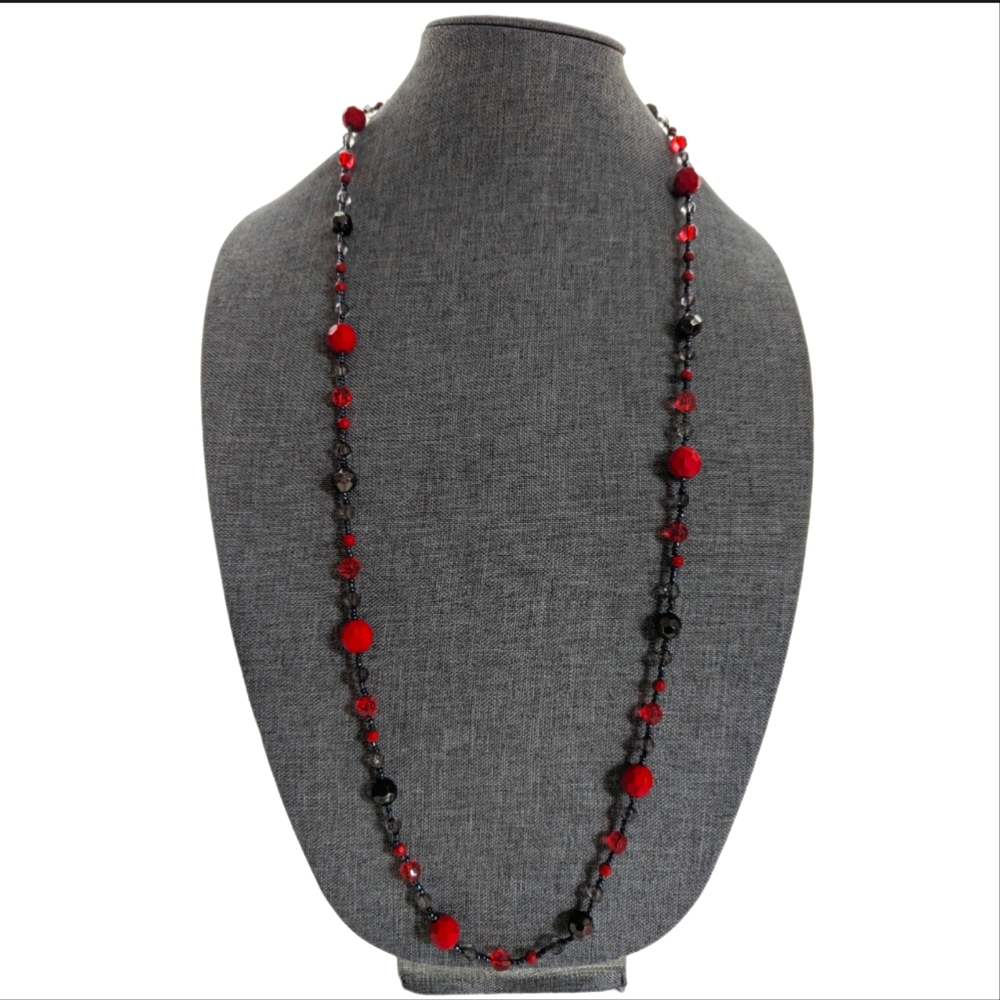 Vintage Goth Vamp Faceted Beaded Long Black Red Layering Necklace